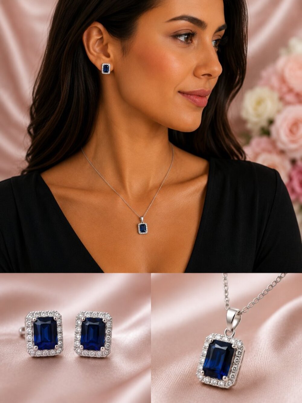 NEW 925 Sterling Silver Set of 2 Blue Sapphire Diamond Necklace and Earrings